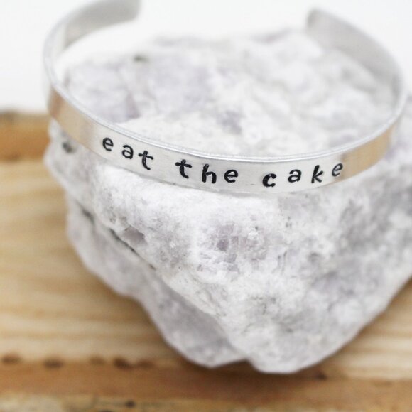 Eat The Cake - Hand Stamped Anodized Aluminum Bangle - Adjustable - Picture 2 of 11